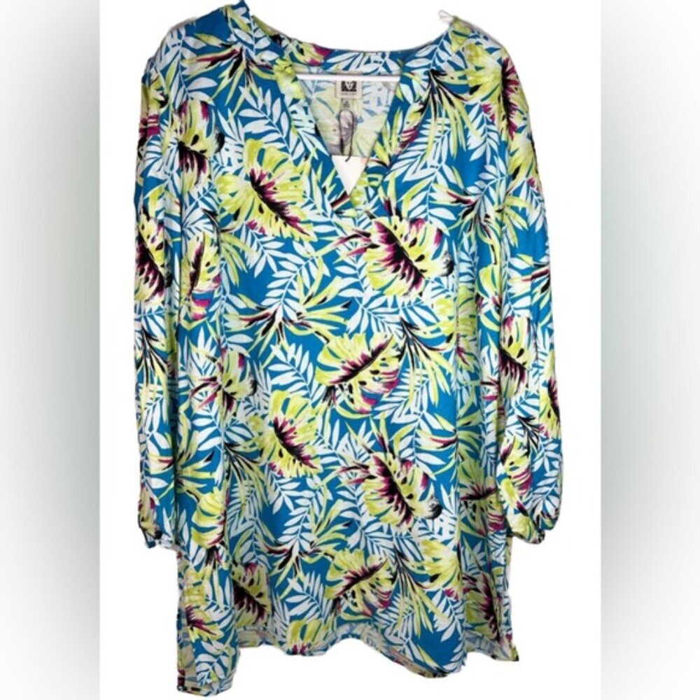 NWT ANNE KLEIN LINEN BLEND Tropical Blue/Sprout  Printed Split Neckline Tunic 2X